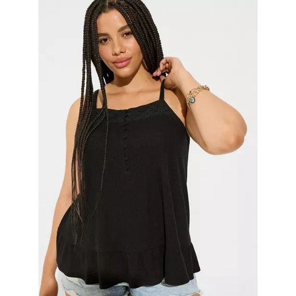 New Torrid M/L (10) Black Texture Knit Woven Eyelet Square Neck Swing Tank - Picture 3 of 5